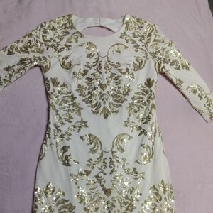 B DARLIN Bodycon Dress SZ 3-4 Ivory Gold Sequins 3/4 Sleeve Cocktail Keyhole